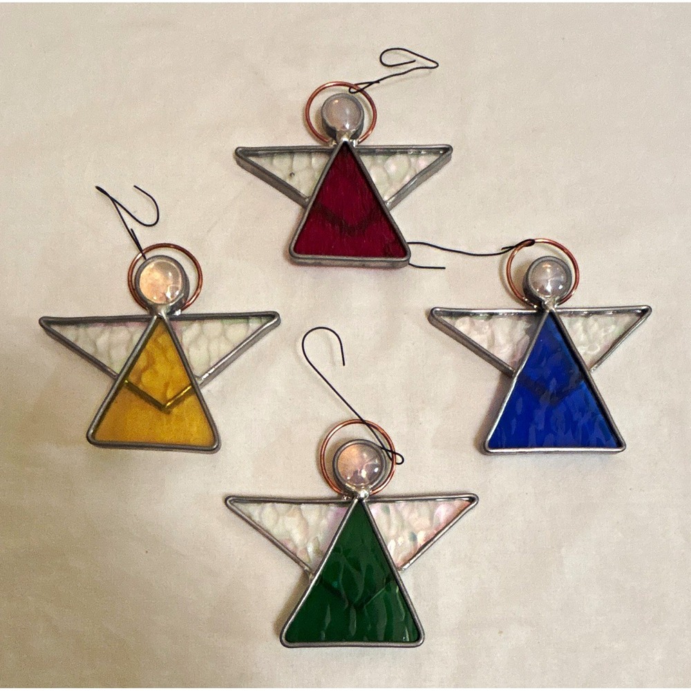 Set of 4 Stained Glass Angel Christmas Hanging Ornaments Red Blue Green Yellow